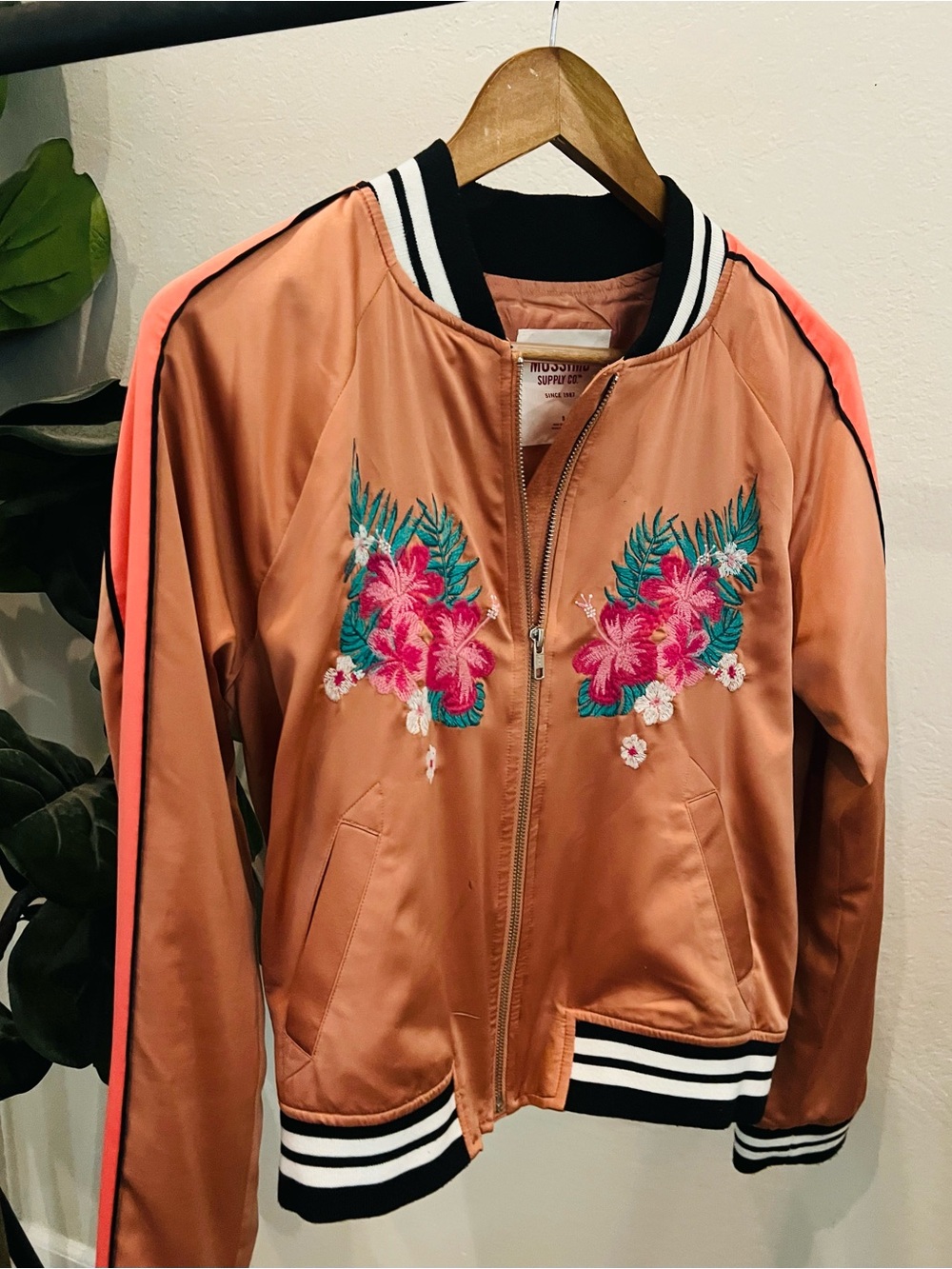Mossimo Peach Satin Embroidered Floral Varsity Jacket